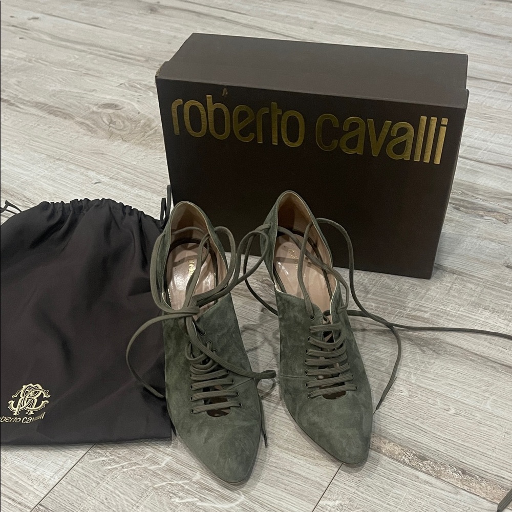 Roberto Cavalli Women's Green Lace-Up suede authentic heels Sz 39 Sz 9